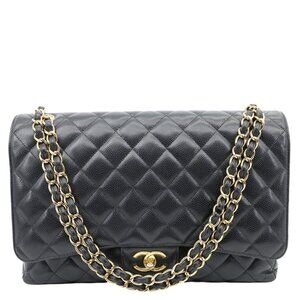 Chanel  Classic Double Flap Maxi Caviar Leather Shoulder Bag Black